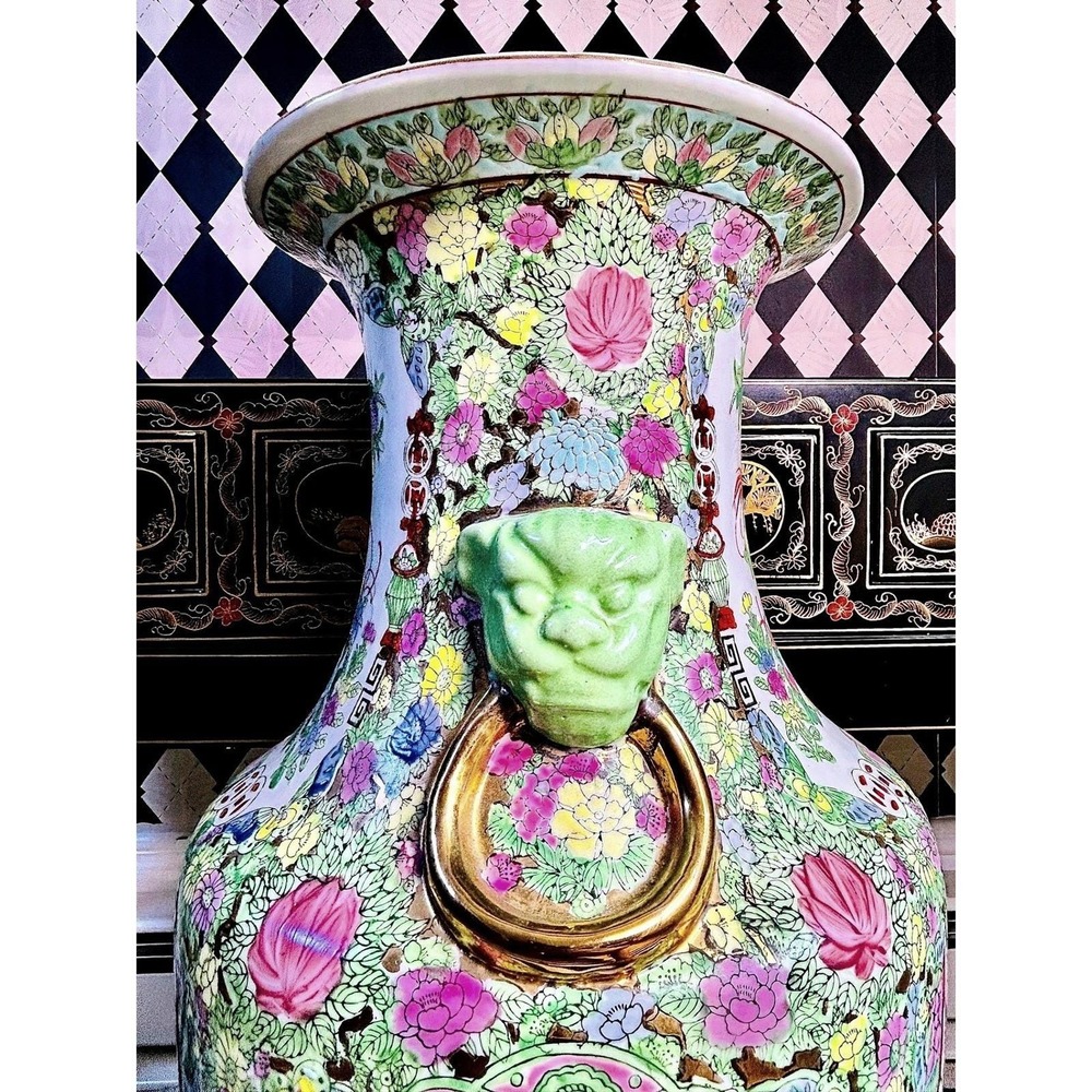 Grand Famille Rose Floor Vase 2FT Vintage w/ Green and Gold Foo Dog Mask Handles - Picture 4 of 12